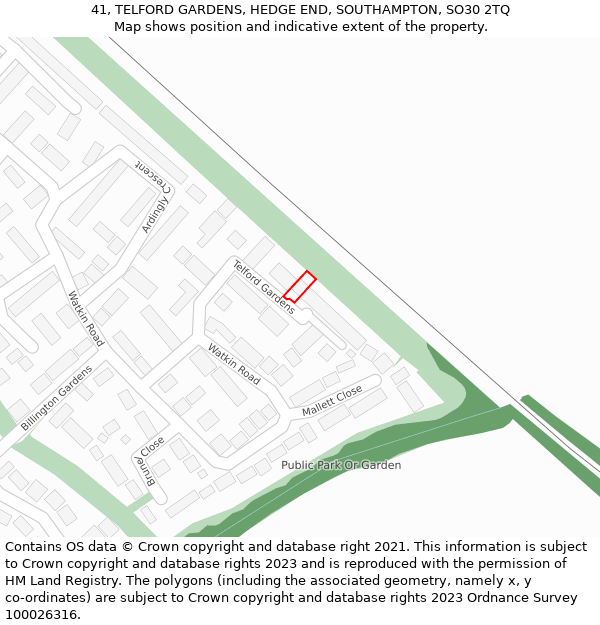 41, TELFORD GARDENS, HEDGE END, SOUTHAMPTON, SO30 2TQ: Location map and indicative extent of plot