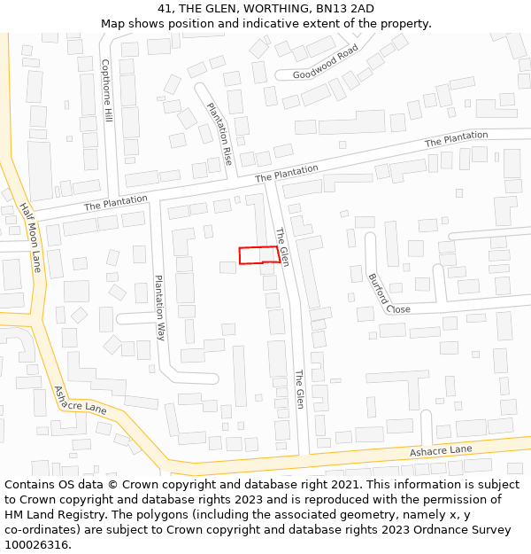 41, THE GLEN, WORTHING, BN13 2AD: Location map and indicative extent of plot