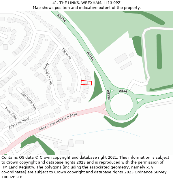 41, THE LINKS, WREXHAM, LL13 9PZ: Location map and indicative extent of plot