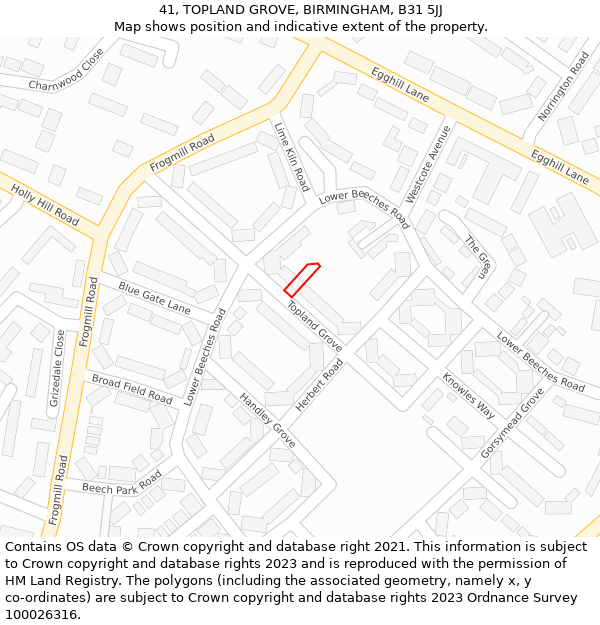 41, TOPLAND GROVE, BIRMINGHAM, B31 5JJ: Location map and indicative extent of plot