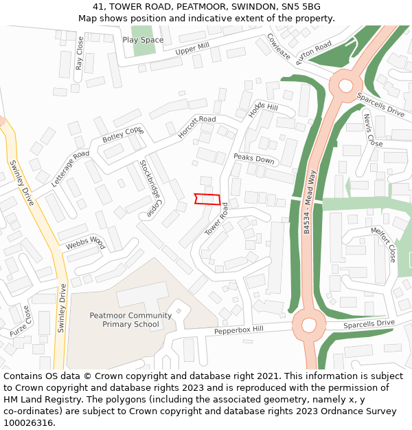 41, TOWER ROAD, PEATMOOR, SWINDON, SN5 5BG: Location map and indicative extent of plot