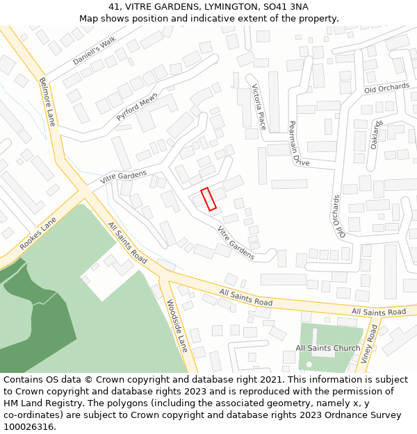 41, VITRE GARDENS, LYMINGTON, SO41 3NA: Location map and indicative extent of plot