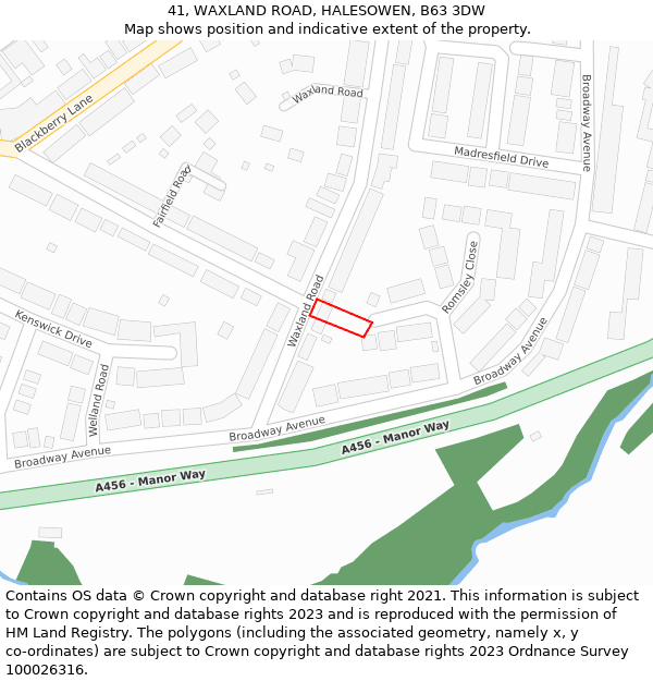 41, WAXLAND ROAD, HALESOWEN, B63 3DW: Location map and indicative extent of plot