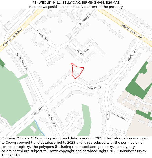 41, WEOLEY HILL, SELLY OAK, BIRMINGHAM, B29 4AB: Location map and indicative extent of plot