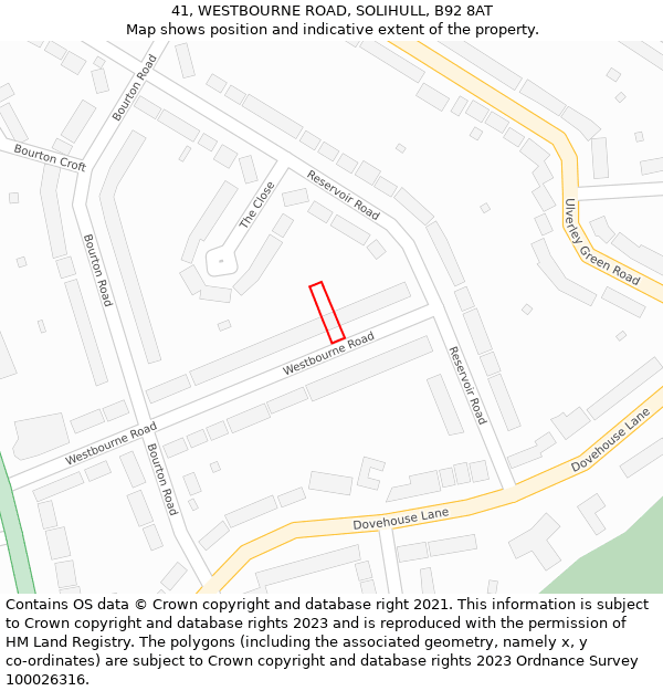 41, WESTBOURNE ROAD, SOLIHULL, B92 8AT: Location map and indicative extent of plot