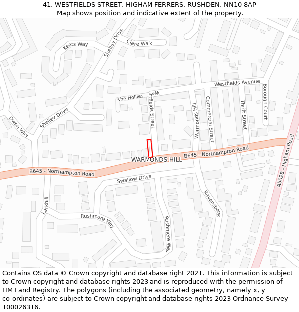 41, WESTFIELDS STREET, HIGHAM FERRERS, RUSHDEN, NN10 8AP: Location map and indicative extent of plot