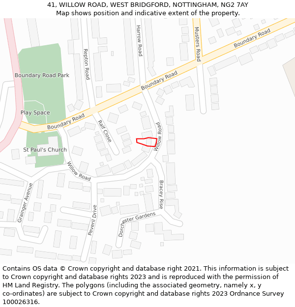41, WILLOW ROAD, WEST BRIDGFORD, NOTTINGHAM, NG2 7AY: Location map and indicative extent of plot