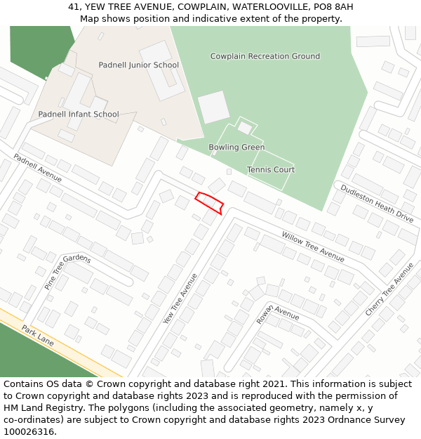 41, YEW TREE AVENUE, COWPLAIN, WATERLOOVILLE, PO8 8AH: Location map and indicative extent of plot