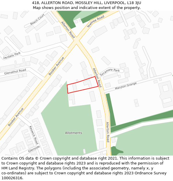 418, ALLERTON ROAD, MOSSLEY HILL, LIVERPOOL, L18 3JU: Location map and indicative extent of plot
