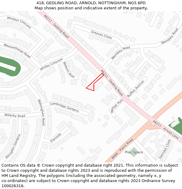 418, GEDLING ROAD, ARNOLD, NOTTINGHAM, NG5 6PD: Location map and indicative extent of plot