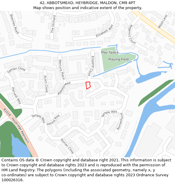 42, ABBOTSMEAD, HEYBRIDGE, MALDON, CM9 4PT: Location map and indicative extent of plot