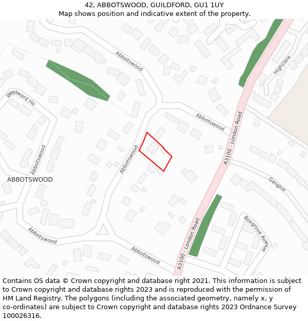 42, ABBOTSWOOD, GUILDFORD, GU1 1UY: Location map and indicative extent of plot