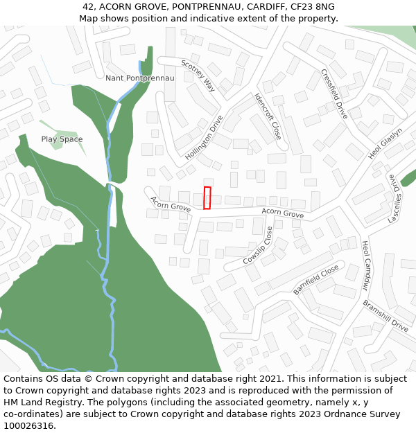 42, ACORN GROVE, PONTPRENNAU, CARDIFF, CF23 8NG: Location map and indicative extent of plot