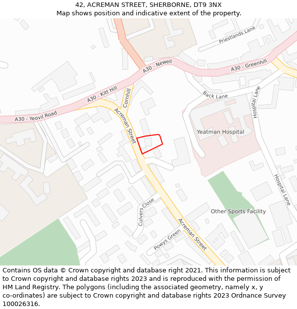 42, ACREMAN STREET, SHERBORNE, DT9 3NX: Location map and indicative extent of plot