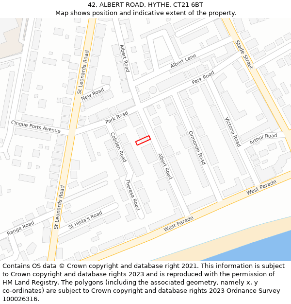 42, ALBERT ROAD, HYTHE, CT21 6BT: Location map and indicative extent of plot