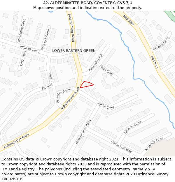 42, ALDERMINSTER ROAD, COVENTRY, CV5 7JU: Location map and indicative extent of plot