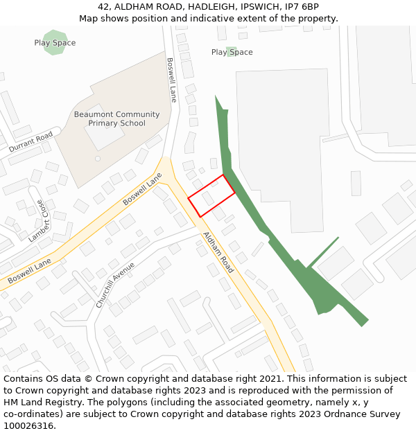 42, ALDHAM ROAD, HADLEIGH, IPSWICH, IP7 6BP: Location map and indicative extent of plot