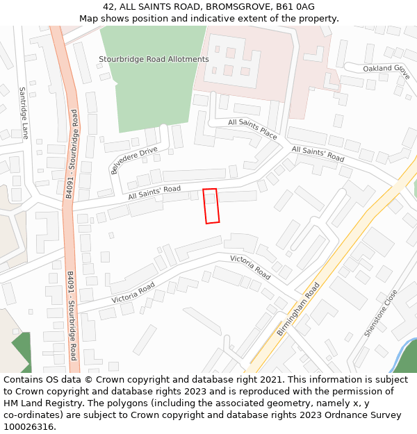 42, ALL SAINTS ROAD, BROMSGROVE, B61 0AG: Location map and indicative extent of plot