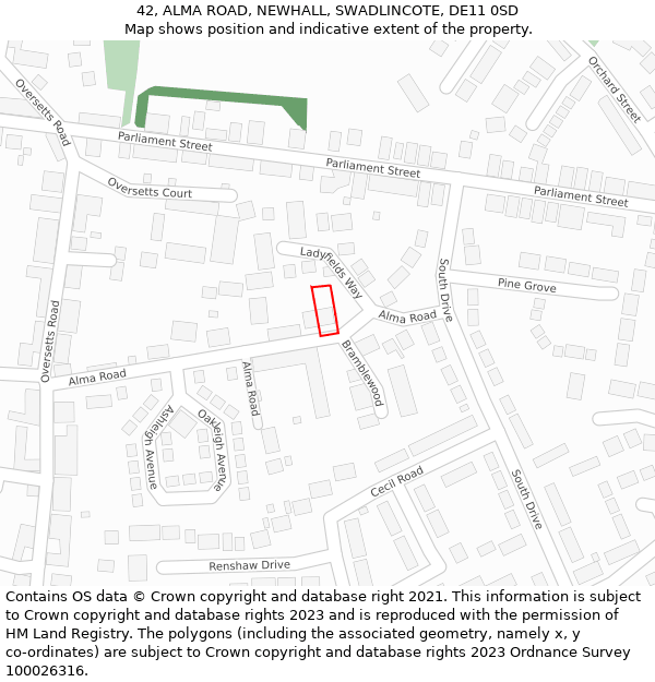 42, ALMA ROAD, NEWHALL, SWADLINCOTE, DE11 0SD: Location map and indicative extent of plot