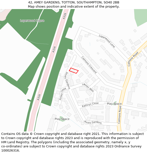 42, AMEY GARDENS, TOTTON, SOUTHAMPTON, SO40 2BB: Location map and indicative extent of plot