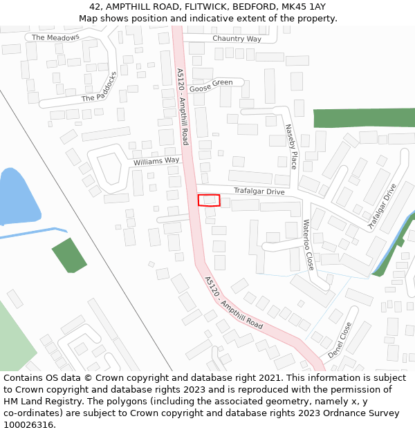 42, AMPTHILL ROAD, FLITWICK, BEDFORD, MK45 1AY: Location map and indicative extent of plot