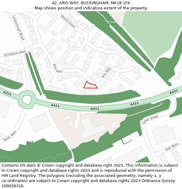 42, ARIS WAY, BUCKINGHAM, MK18 1FX: Location map and indicative extent of plot