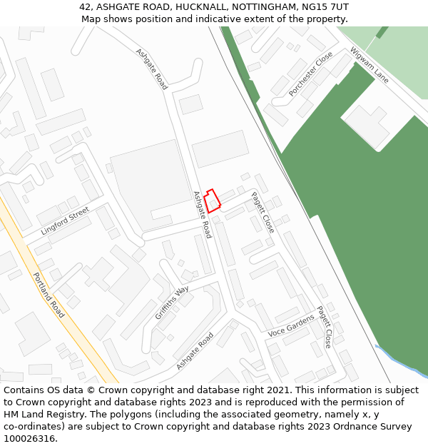 42, ASHGATE ROAD, HUCKNALL, NOTTINGHAM, NG15 7UT: Location map and indicative extent of plot