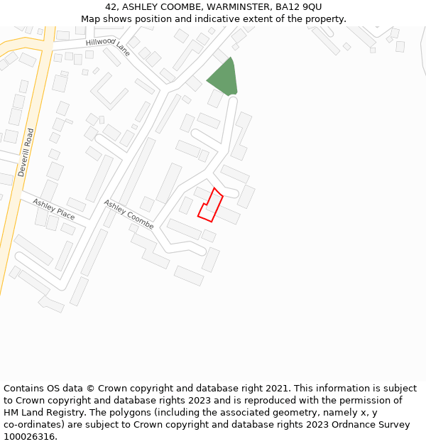 42, ASHLEY COOMBE, WARMINSTER, BA12 9QU: Location map and indicative extent of plot