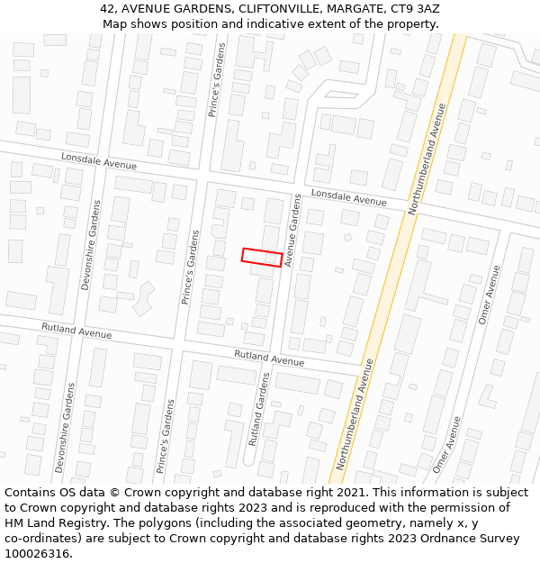 42, AVENUE GARDENS, CLIFTONVILLE, MARGATE, CT9 3AZ: Location map and indicative extent of plot