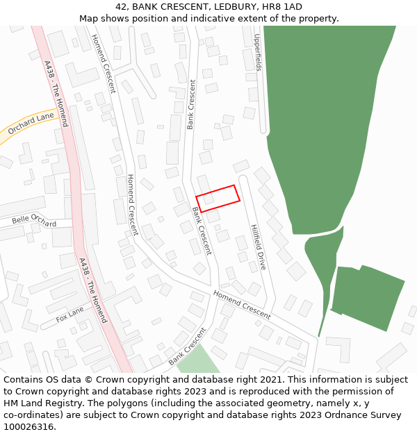 42, BANK CRESCENT, LEDBURY, HR8 1AD: Location map and indicative extent of plot