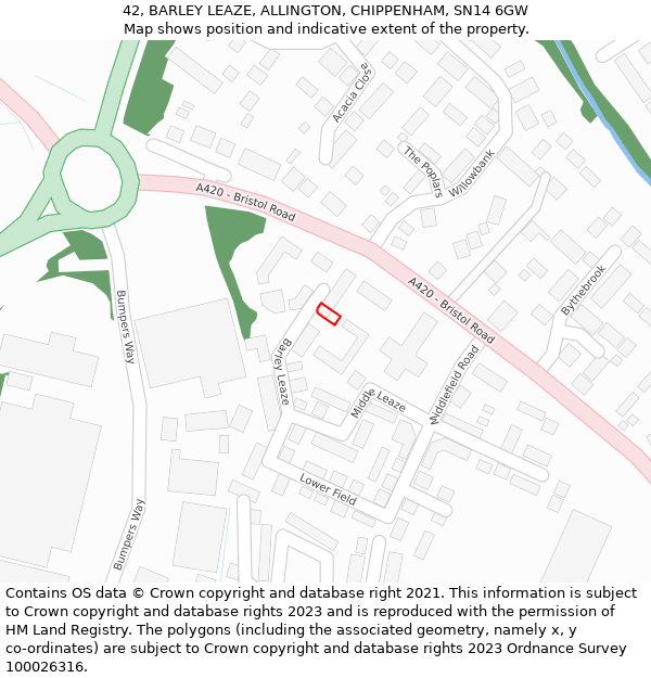 42, BARLEY LEAZE, ALLINGTON, CHIPPENHAM, SN14 6GW: Location map and indicative extent of plot