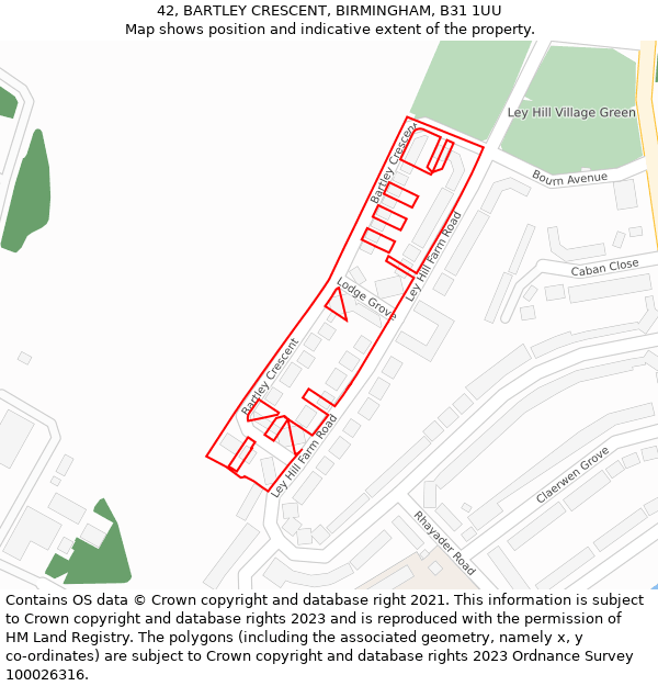 42, BARTLEY CRESCENT, BIRMINGHAM, B31 1UU: Location map and indicative extent of plot