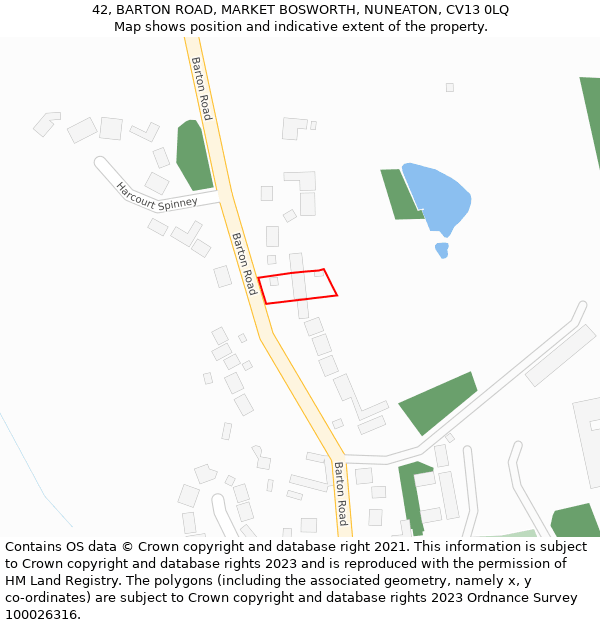 42, BARTON ROAD, MARKET BOSWORTH, NUNEATON, CV13 0LQ: Location map and indicative extent of plot