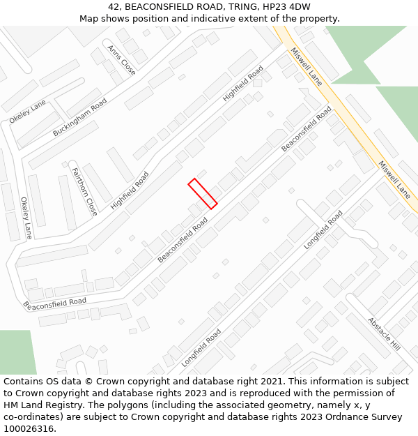 42, BEACONSFIELD ROAD, TRING, HP23 4DW: Location map and indicative extent of plot