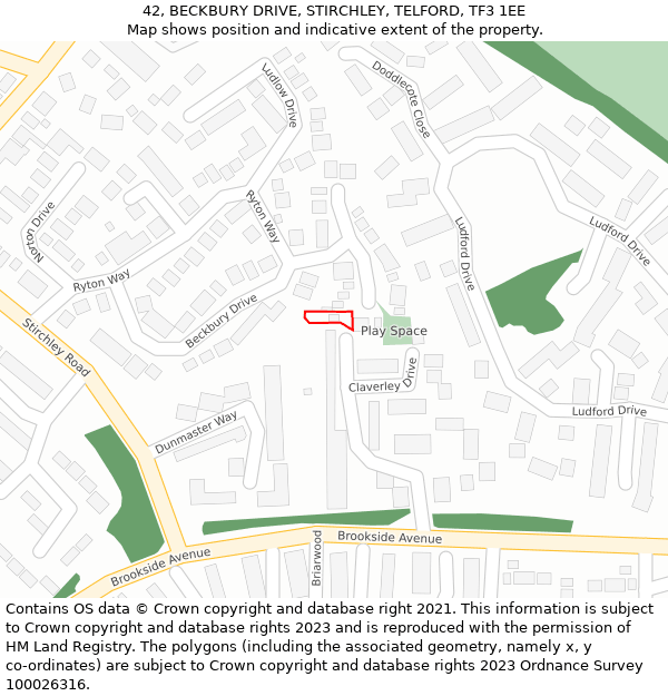 42, BECKBURY DRIVE, STIRCHLEY, TELFORD, TF3 1EE: Location map and indicative extent of plot