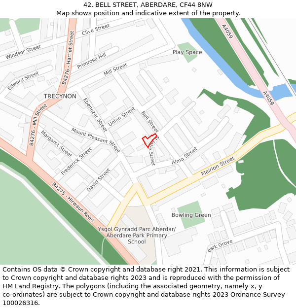 42, BELL STREET, ABERDARE, CF44 8NW: Location map and indicative extent of plot