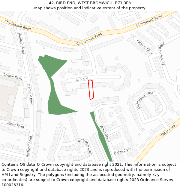 42, BIRD END, WEST BROMWICH, B71 3EA: Location map and indicative extent of plot