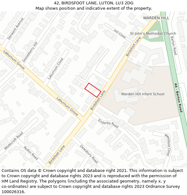 42, BIRDSFOOT LANE, LUTON, LU3 2DG: Location map and indicative extent of plot