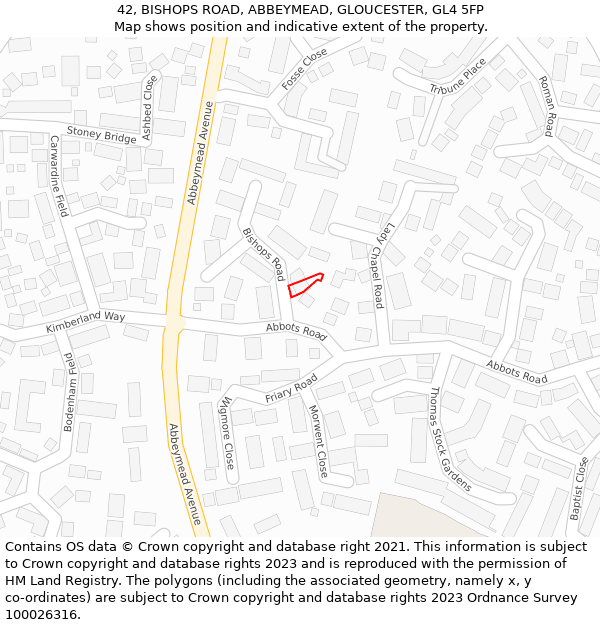 42, BISHOPS ROAD, ABBEYMEAD, GLOUCESTER, GL4 5FP: Location map and indicative extent of plot