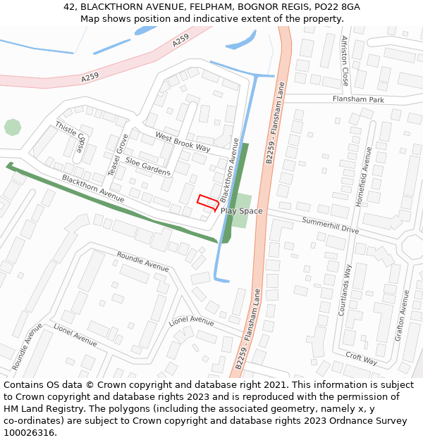 42, BLACKTHORN AVENUE, FELPHAM, BOGNOR REGIS, PO22 8GA: Location map and indicative extent of plot