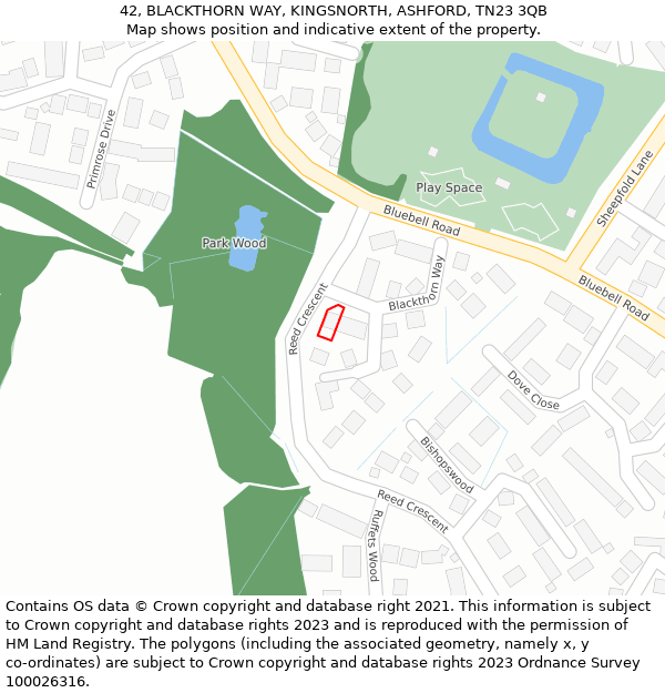 42, BLACKTHORN WAY, KINGSNORTH, ASHFORD, TN23 3QB: Location map and indicative extent of plot