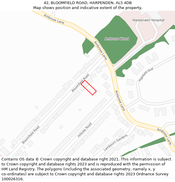 42, BLOOMFIELD ROAD, HARPENDEN, AL5 4DB: Location map and indicative extent of plot