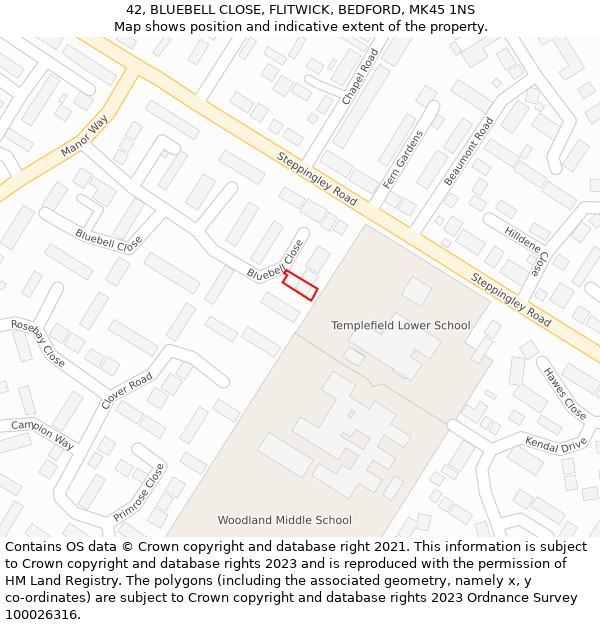 42, BLUEBELL CLOSE, FLITWICK, BEDFORD, MK45 1NS: Location map and indicative extent of plot