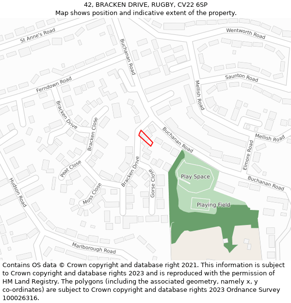 42, BRACKEN DRIVE, RUGBY, CV22 6SP: Location map and indicative extent of plot