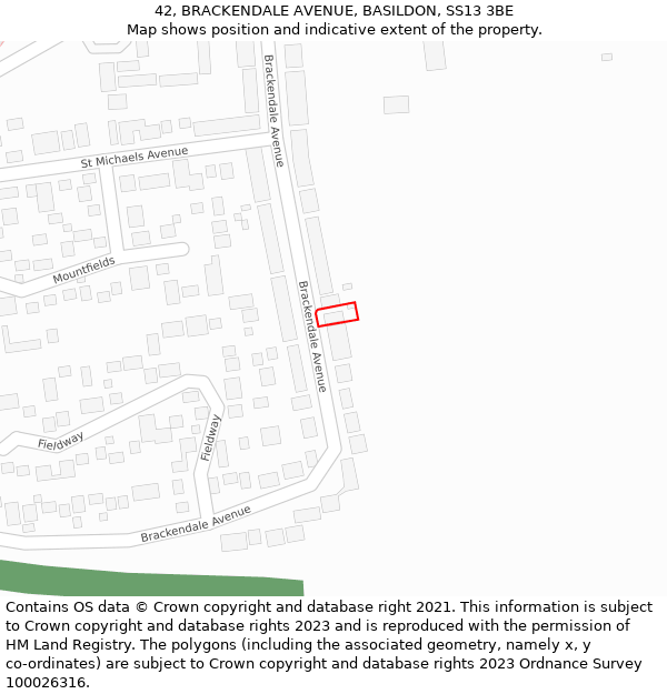 42, BRACKENDALE AVENUE, BASILDON, SS13 3BE: Location map and indicative extent of plot