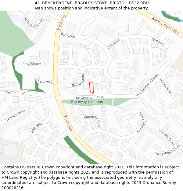 42, BRACKENDENE, BRADLEY STOKE, BRISTOL, BS32 9DH: Location map and indicative extent of plot