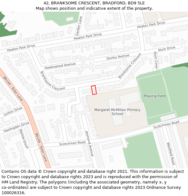 42, BRANKSOME CRESCENT, BRADFORD, BD9 5LE: Location map and indicative extent of plot