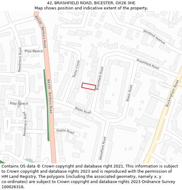 42, BRASHFIELD ROAD, BICESTER, OX26 3HE: Location map and indicative extent of plot