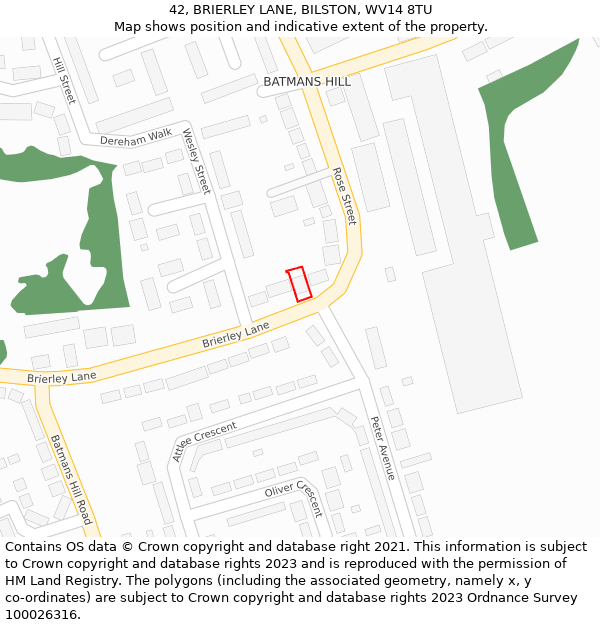 42, BRIERLEY LANE, BILSTON, WV14 8TU: Location map and indicative extent of plot