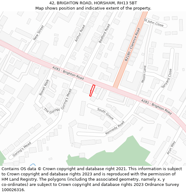 42, BRIGHTON ROAD, HORSHAM, RH13 5BT: Location map and indicative extent of plot